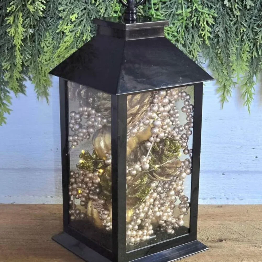 Light Up Gold Champagne Pumkin Berry Pinecone Fall Harvest Black Plastic Lantern